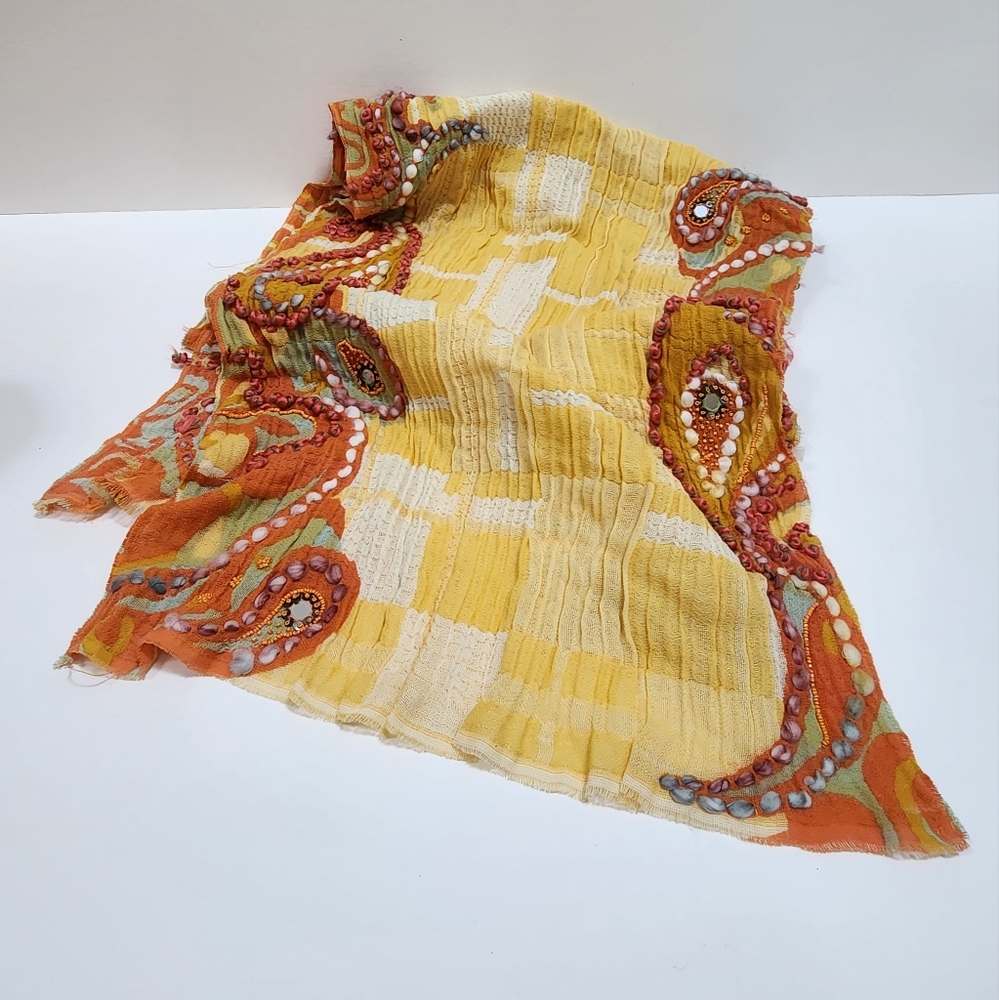 VINTAGE LONG SHAWL/SCARF WITH HAND BEADING AND KNOTTING ACCENTS VERY UNIQUE BOHO